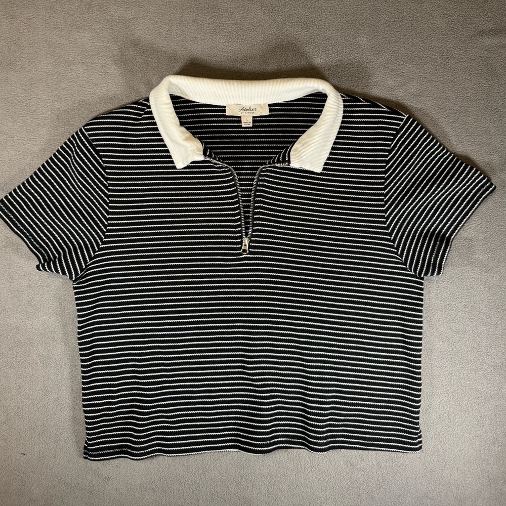 Striped Polo Zip Knit Top in Black & White